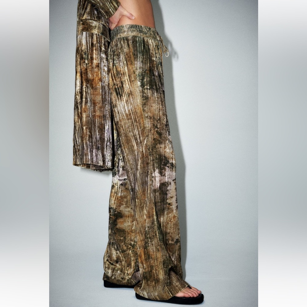 Zara Tie Dye velvet pants elastic waistband straight leg bottoms nwt